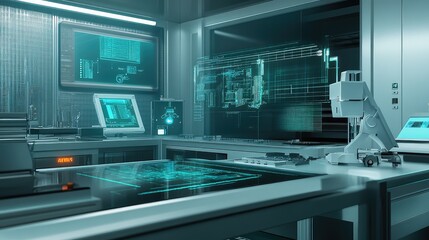 Fototapeta premium A cleanroom setting where a network of microchips is being tested for performance, with diagnostic tools and holographic displays