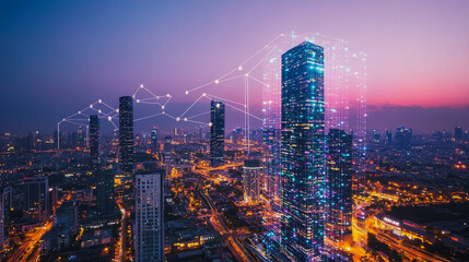 Obraz premium Smart digital city with connection cyber security network reciprocity over the cityscape . future smart wireless digital city and social media networking systems that connects people within the city