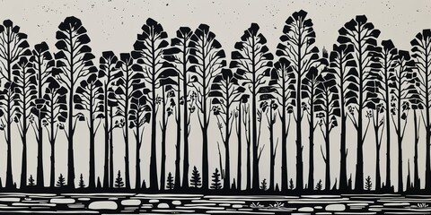 Black and White Linocut Forest Art Print on Canvas