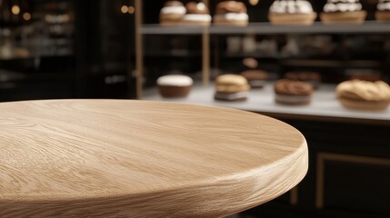 Close-up View of Smooth Wooden Tabletop in Bakery Cafe Setting