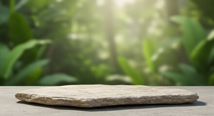 Fototapeta premium Tabletop podium floor in outdoors tropical garden forest blurred green leaf plant nature background.Natural product placement pedestal stand display,jungle paradise concept.