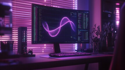 A modern computer desk displays a large monitor filled with vibrant bioinformatics data and AI algorithms.
