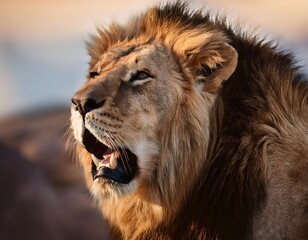 Retrato en primer plano de un le&oacute;n rugiendo al amanecer