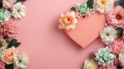 Valentine's Heart Love Concept. Heart-shaped decoration surrounded by colorful flowers on a pink background.
