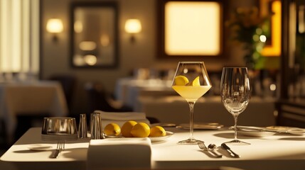 Elegant dining scene with drinks and lemons in a cozy restaurant setting. Perfect for food and beverage promotions.