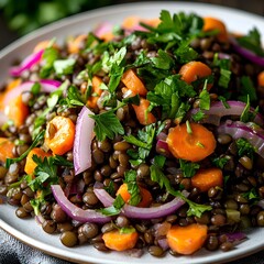 French Lentil Salad with Carrots, Red Onions, and Dijon Mustard Vinaigrette