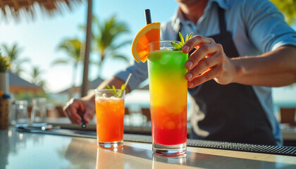 International Bartender Day. Bartender preparing colorful layered drink at a tropical poolside resort