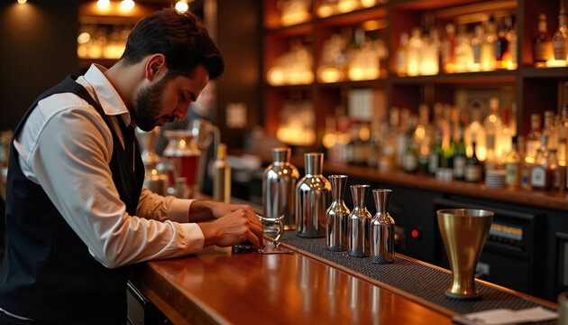International Bartender Day. Bartender organizing bar tools in a modern cocktail bar