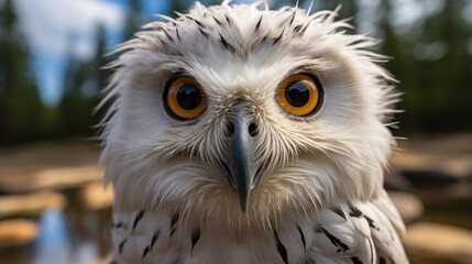 Naklejka premium Close-up Portrait of a Snowy Owl with Bright Orange Eyes
