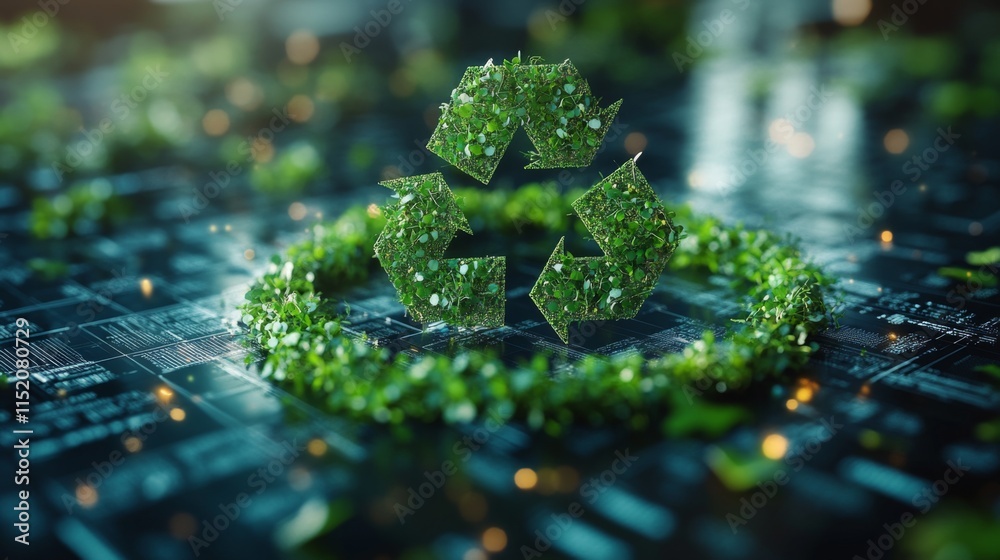 Poster a vibrant green recycling symbol made from leaves is centered within a circular arrangement of folia