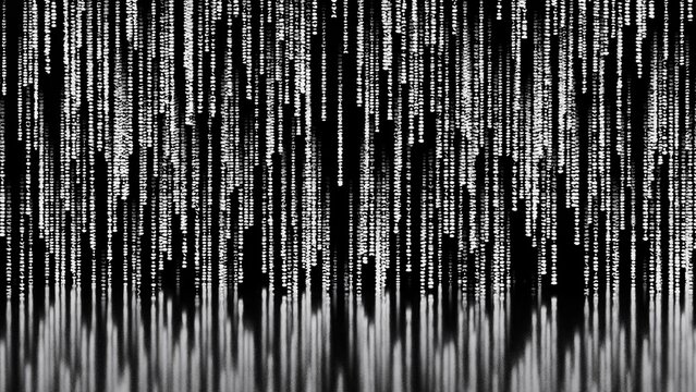 Matrix code, digital rain background, The falling white characters in verical lines on computer screen
