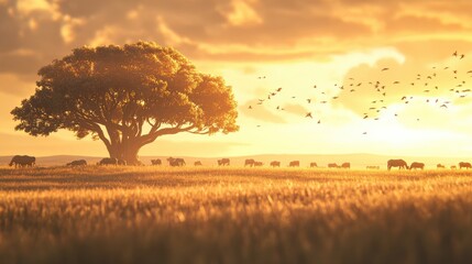 Majestic Golden Sunset Over Serene Landscape with Grazing Cattle and Silhouetted Tree, Capturing the Tranquility of Nature's Bounty and Beauty