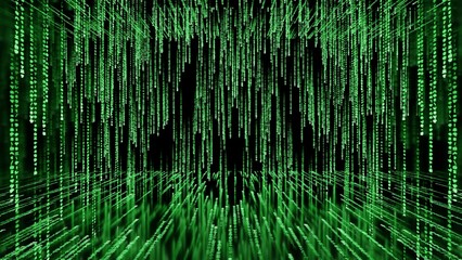 Matrix code, digital rain background, The falling green characters in verical lines on computer screen