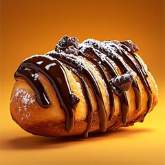 Delicious chocolate pastry with powdered sugar and cookie crumbles.