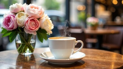 Wooden table on the terrace of an outdoor cafe with a transparent vase with delicate pink peonies and a hot cup of coffee. Morning breakfast in a cafe