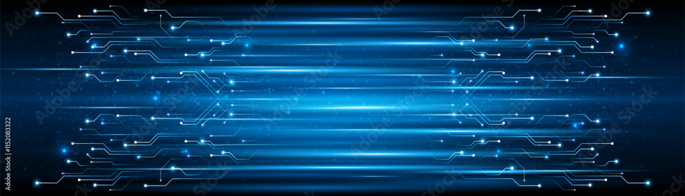 Aufkleber Blue glowing lines with glitter light effect on dark background. High speed internet technology concept or fast wireless data transmission. modern internet network connection technology background	