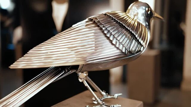 Beautiful Metallic Bird Sculpture Displayed in an Art Gallery Showcasing Intricate Craftsmanship and Design