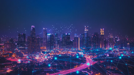 Fototapeta premium Smart digital city with connection cyber security network reciprocity over the cityscape . future smart wireless digital city and social media networking systems that connects people within the city