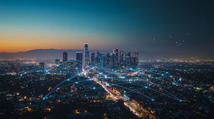 Fototapeta premium Smart digital city with connection cyber security network reciprocity over the cityscape . future smart wireless digital city and social media networking systems that connects people within the city