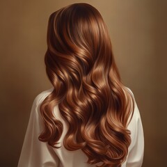 Naklejka premium A studio portrait of an attractive girl viewed from the back, showcasing her gorgeous, long, shiny brown curls.