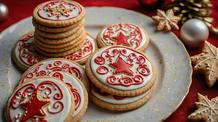 Fototapeta premium A festive holiday scene with Christmas-themed treats, including a stack of round cookies with red & white icing, gingerbread Christmas tree cookies, shiny ornaments, golden lights, festive decorations