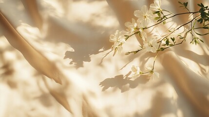 Naklejka premium Floral sunlight shadows creating a minimalist aesthetic on neutral beige fabric background with natural copy space