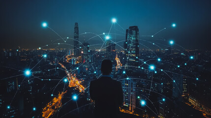Fototapeta premium Smart digital city with connection cyber security network reciprocity over the cityscape . future smart wireless digital city and social media networking systems that connects people within the city