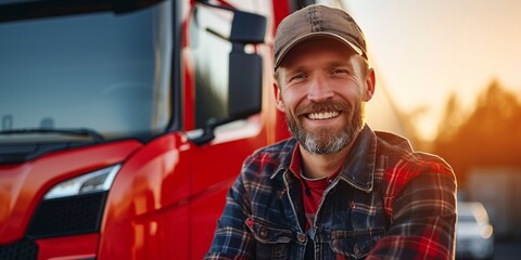 Smiling truck driver in casual attire, sitting confidently next to his red truck as the sun sets, evoking a sense of community and hard work.