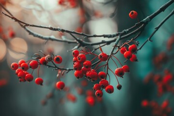 Clusters of vibrant red berries clinging to delicate branches against a soft focus autumnal backdrop