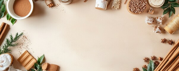 Rustic flat lay featuring spices, grains, and herbs arranged on a neutral beige surface, with generous negative space perfect for recipes or graphic content.