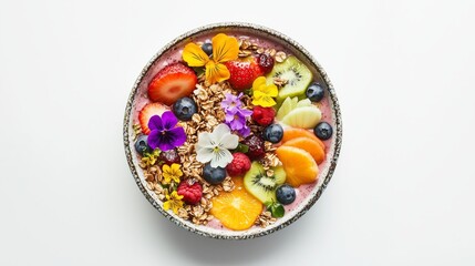 Colorful Smoothie Bowl with Tropical Fruits and Edible Flowers