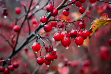 Clusters of small, shiny, red berries hanging from branches in the rain, creating a vibrant autumn scene