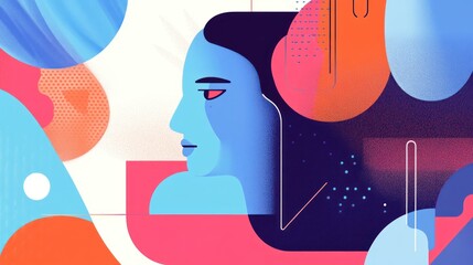 Abstract illustration of a stylized face surrounded by colorful geometric shapes.
