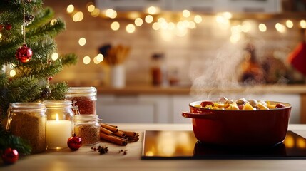 Cozy Candlelit Kitchen Scene for Candlemas with Festive Decorations and Warm Dishes