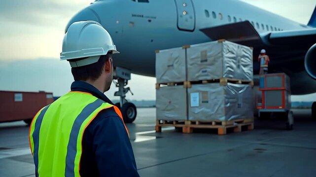 Cargo Worker Overseeing Loading of Air Freight at an Airport
