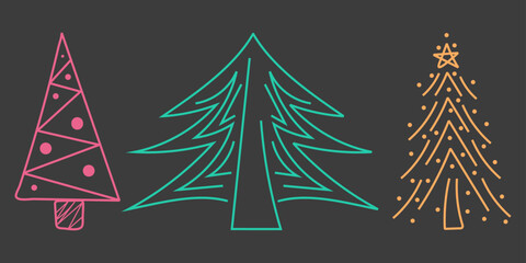 Winter new year set: three geometric christmas trees. Doodle vector hand-drawn illustration in blue, yellow, pink, grey colours for cards, banners, wallpaper, textile, background. Editable stroke