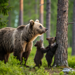 Obraz premium protective female brown bear standing close to her