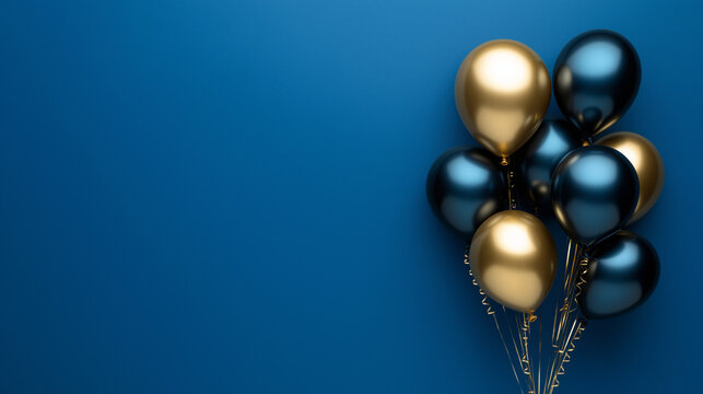 shiny gold and navy ballons on right background  isolated on matte navy background