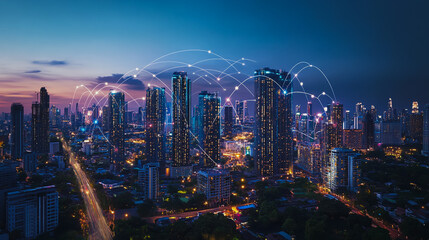 Obraz premium Smart digital city with connection cyber security network reciprocity over the cityscape . future smart wireless digital city and social media networking systems that connects people within the city