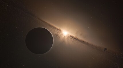 Celestial Scene of Dark Planet and a Radiant Star with Surrounding Dust Ring