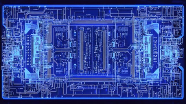 A computer-generated blueprint of a microchip processor layout, with labeled cores and pathways, illustrating its internal complexity