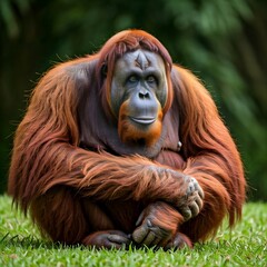 An Adult Orangutan with Reddish Brown Fur Sitting in the Grass
