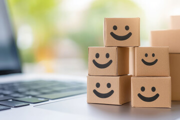 Happy face boxes stacked near laptop, symbolizing customer satisfaction and efficient delivery. This conveys positive experience in consumer review management