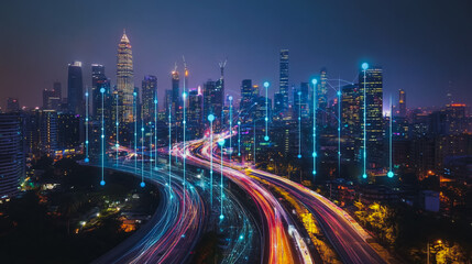 Smart digital city with connection cyber security network reciprocity over the cityscape . future smart wireless digital city and social media networking systems that connects people within the city