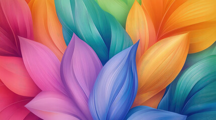 Vibrant abstract leaves in various colors create stunning visual display, showcasing shades of pink, purple, blue, and orange. This artwork evokes sense of joy and creativity