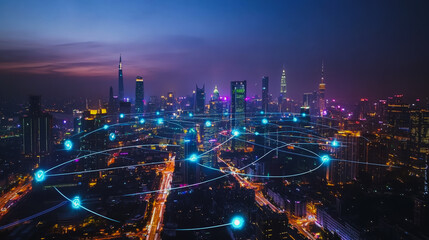 Obraz premium Smart digital city with connection cyber security network reciprocity over the cityscape . future smart wireless digital city and social media networking systems that connects people within the city