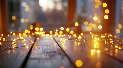 Warm Candlemas Lights Glowing on Wooden Table with Soft Ambient Glow