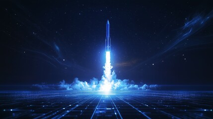 Futuristic Rocket with Neon-Blue Exhaust Trail, Digital Grid Launchpad, and Starry Sky in Technological Exploration Design