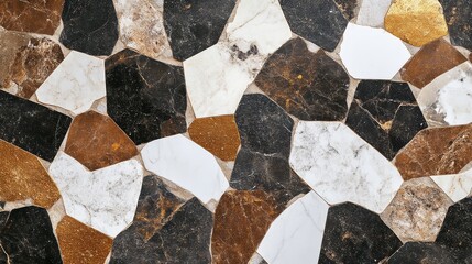 Fototapeta premium A close-up view of a decorative stone surface featuring various shapes and colors, showcasing a unique mosaic pattern.