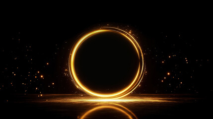 Abstract Golden circle round ring frame Portal with glowing golden lines and glitter particles isolated on black background with golden sparkles, VFX